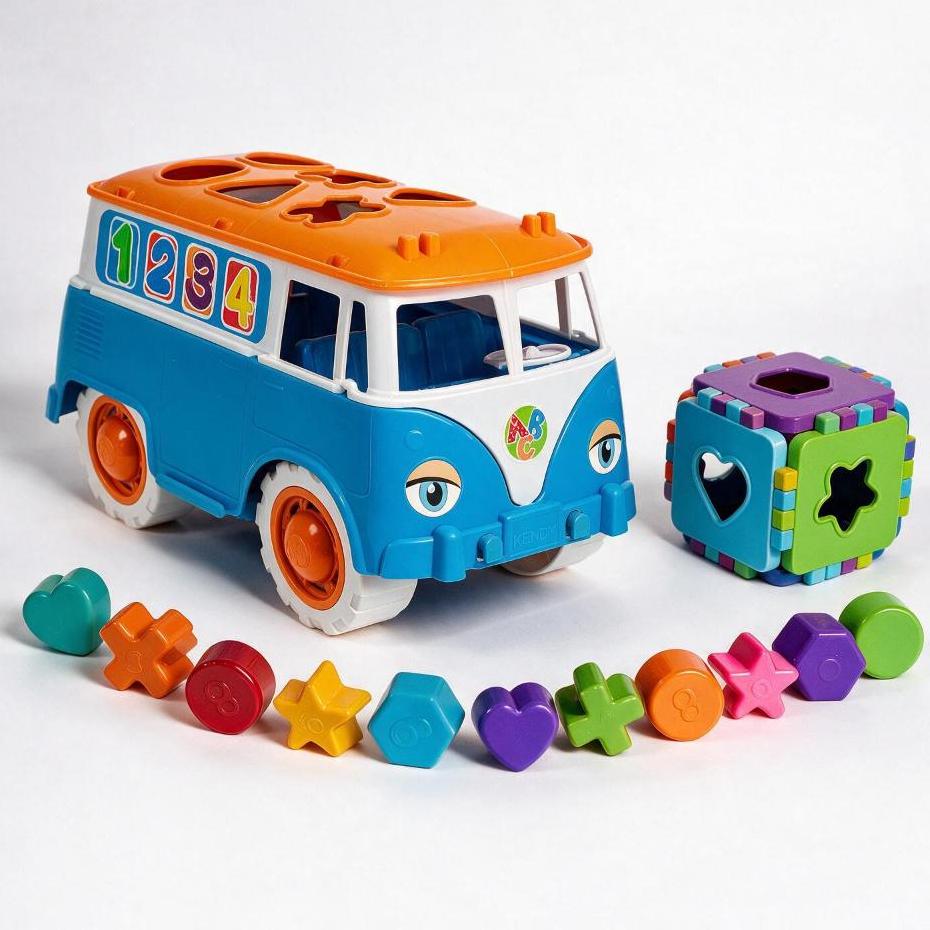 Kit Educativo Carrinho Kombi + Cubo 3 Cores Acompanha 12 Peças De Encaixar Meninos +12meses Inmetro Queen Shop