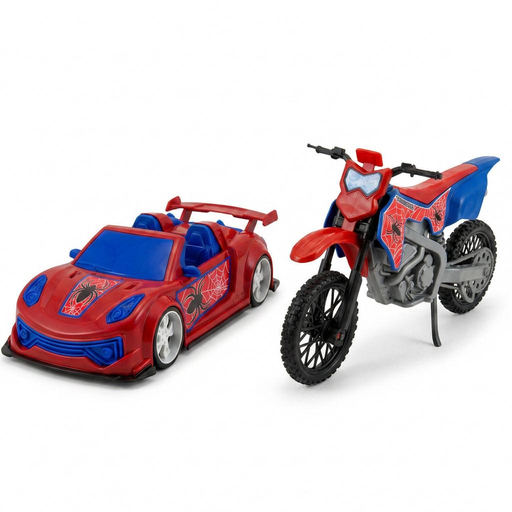 Kit Carrinho Aranha + Moto Aranha Menino Infantil Carro Grande 37cm Luxo Spider Vermelho E Azul Inmetro Queen Shop