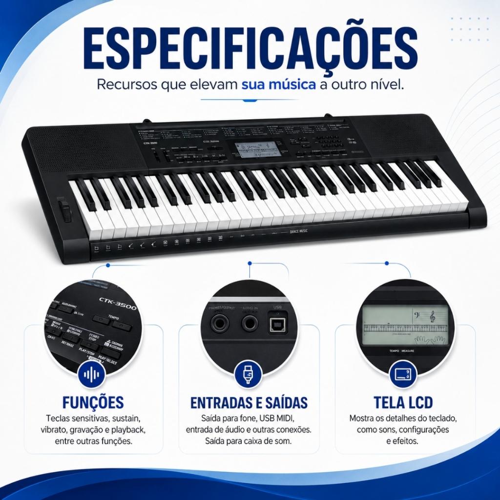 Kit Teclado Musical Casio Profissional Ctk3500 + Capa Suporte Pedal