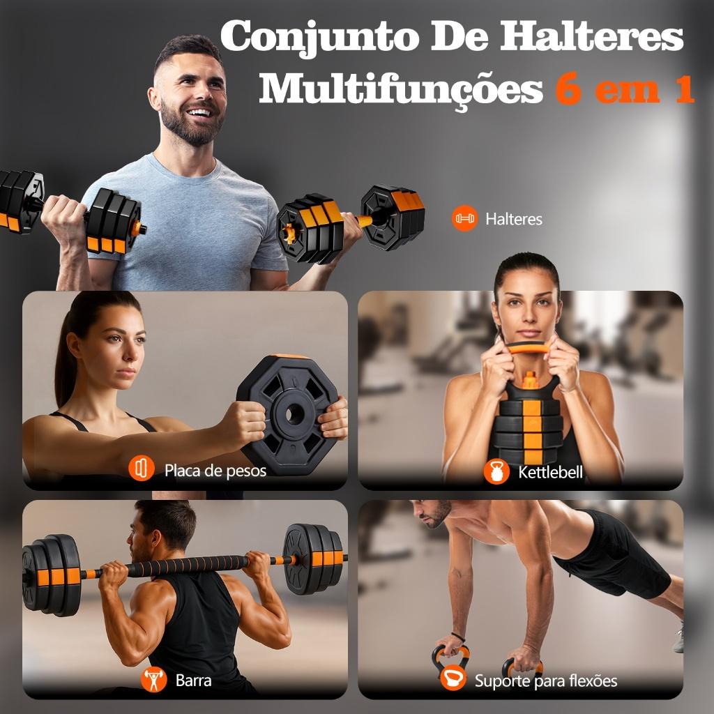 Kit 6 Em 1 Musculação 10kg/15kg Halteres Anilhas Barras Kettlebell Ajustáveis Academia Treino Em Casa