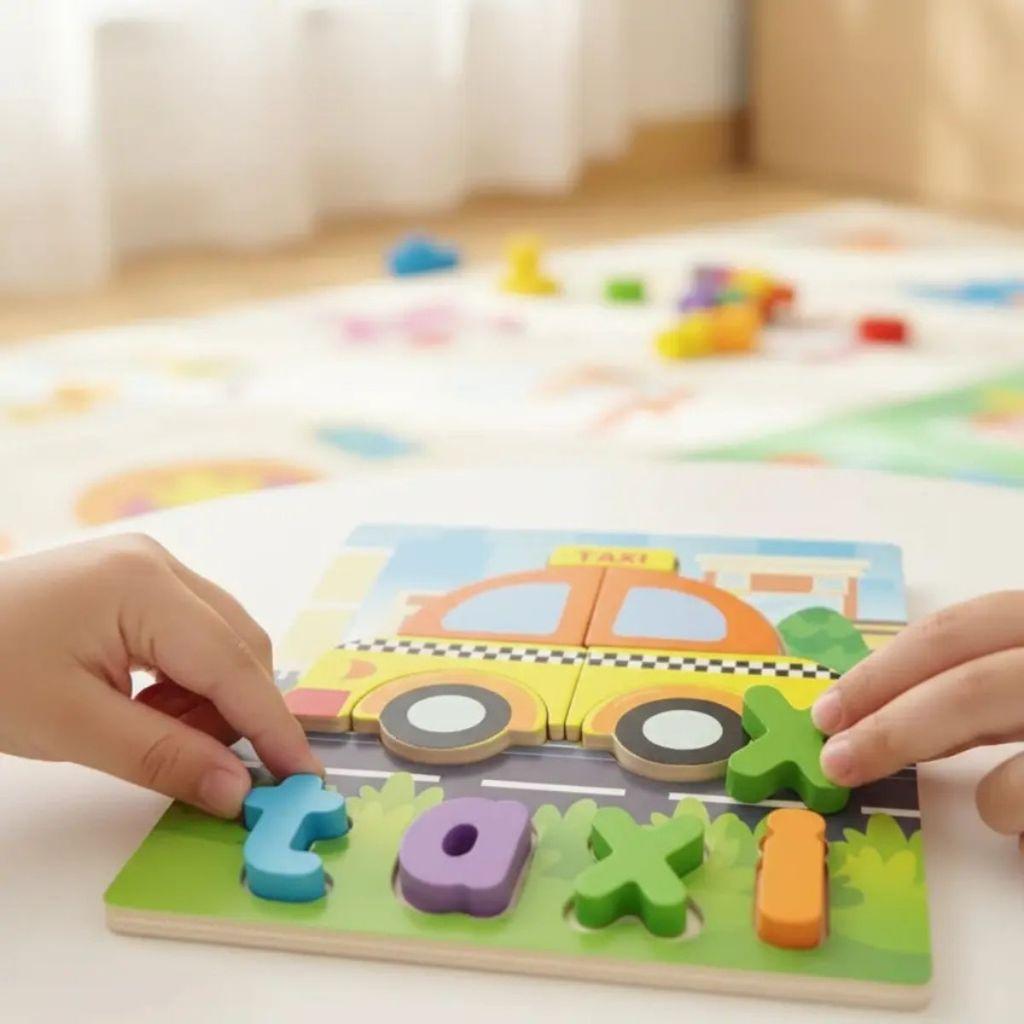 Quebra Cabeça Figura E Palavra Madeira Educativo Encaixe Divertido Letras Animais Palavra Montessori