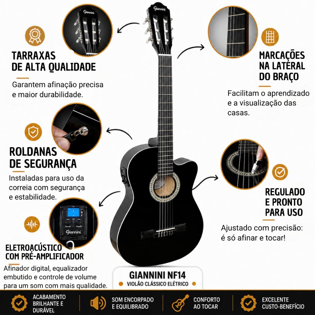 Violão Giannini Elétrico Start NF14 Nylon Flat Com Cutaway