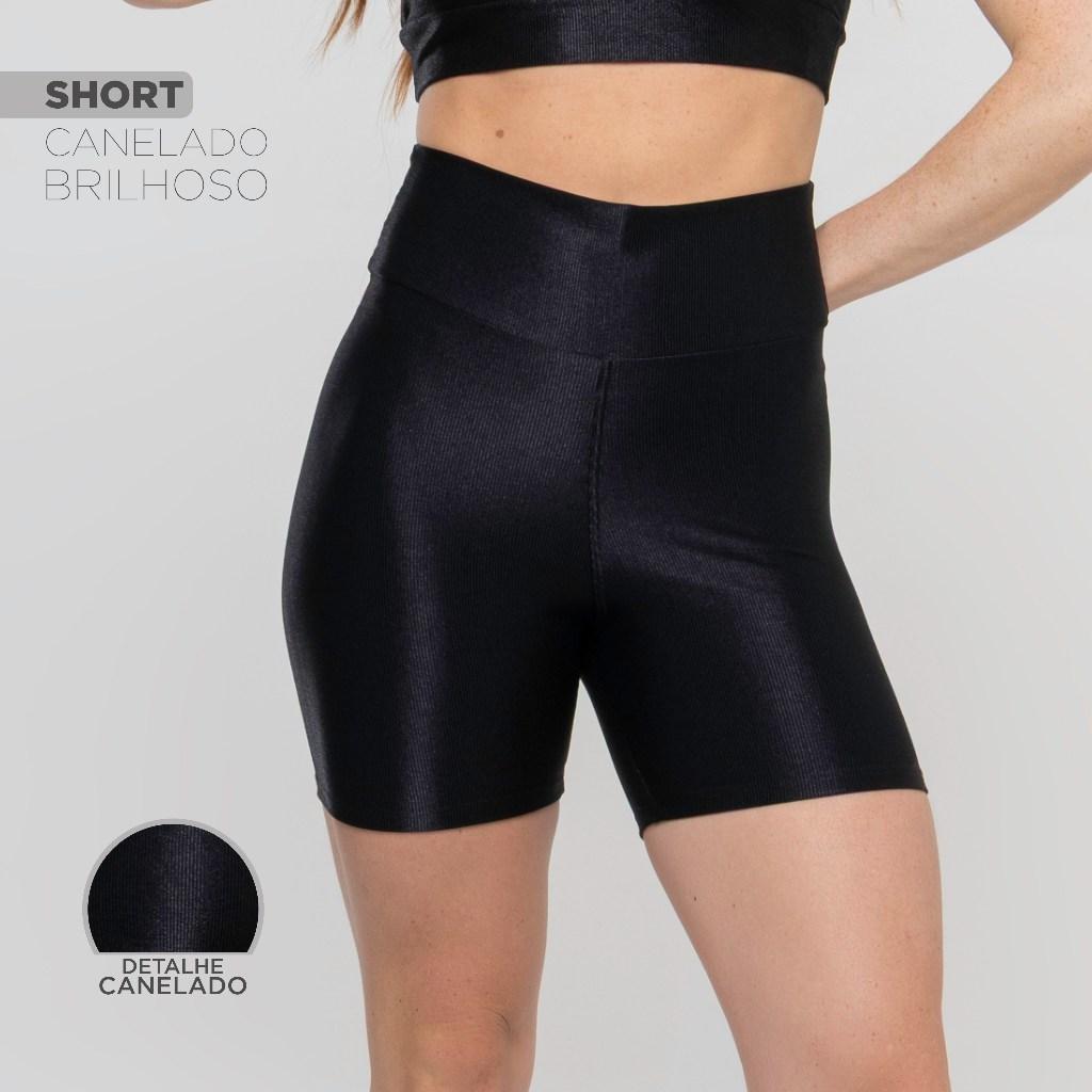 Short Fitness Feminino Cós Alto Canelado Brilhoso Cós Alto Confortável Academia