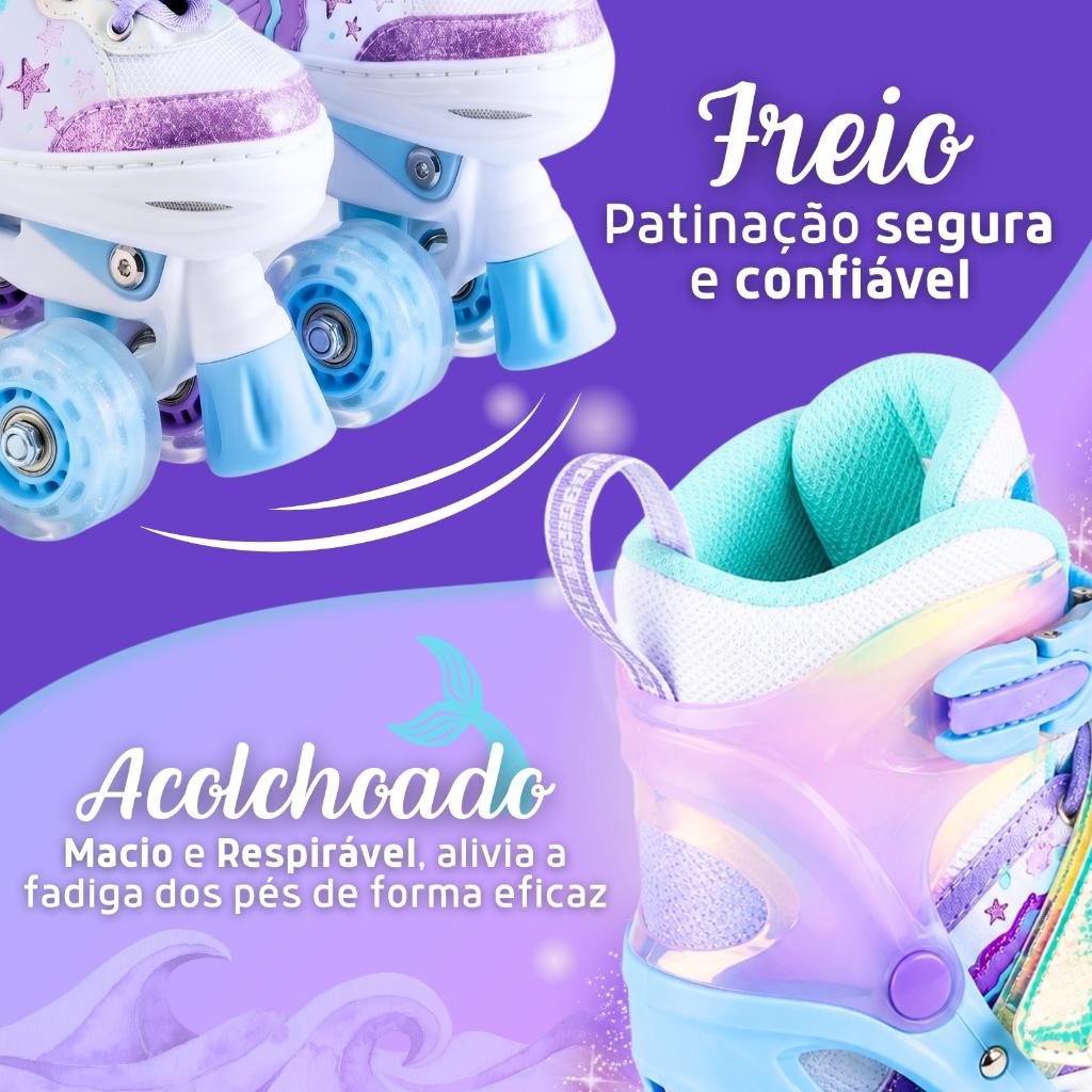 Patins Infantil Quad 4 Rodas Sereia Tamanho Ajustável Com Kit Proteção Completo Menina