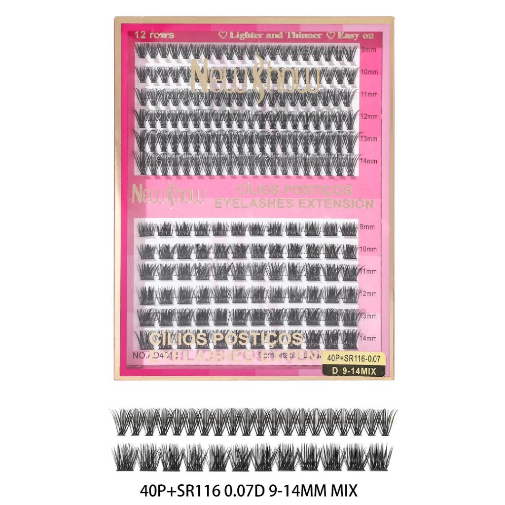 New Show Card Of 200 Knotless Tuft Eyelashes 20p/30p/40p/40p+sr116/sr116/0.07d 9-14mix