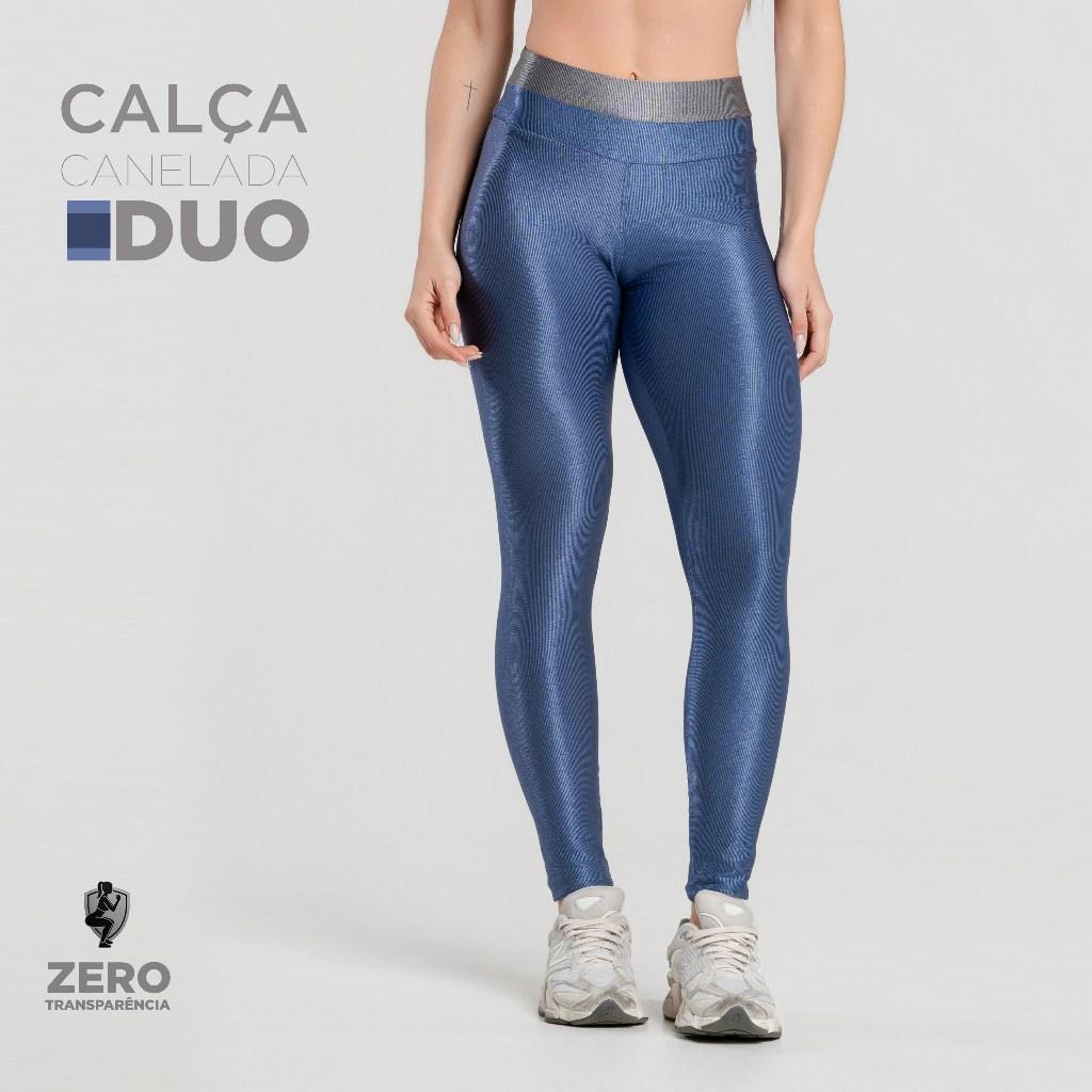 Calça Fitness Duo Trilobal Canelada Brilhosa Cós Alto Modeladora Feminina