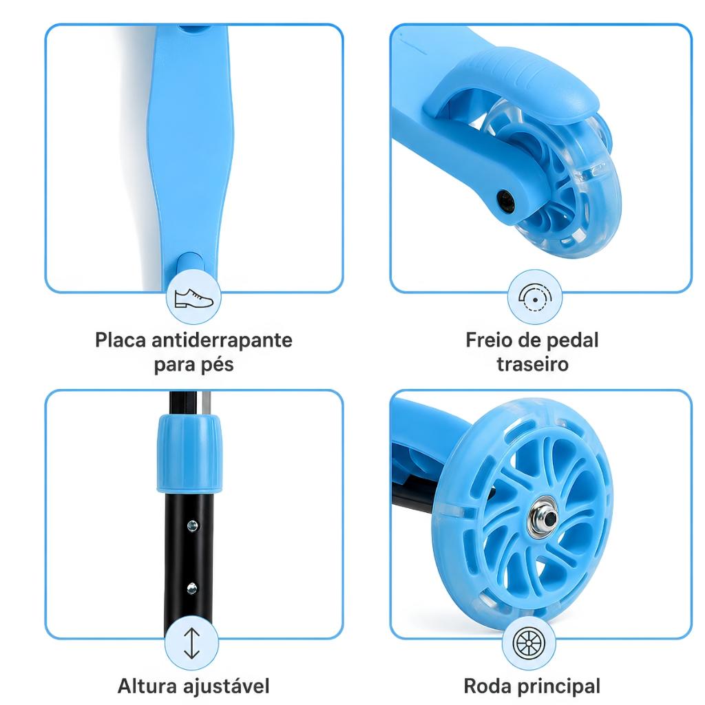 Patinete Dobrável Azul Infantil 3 Rodas Com LED - Castela
