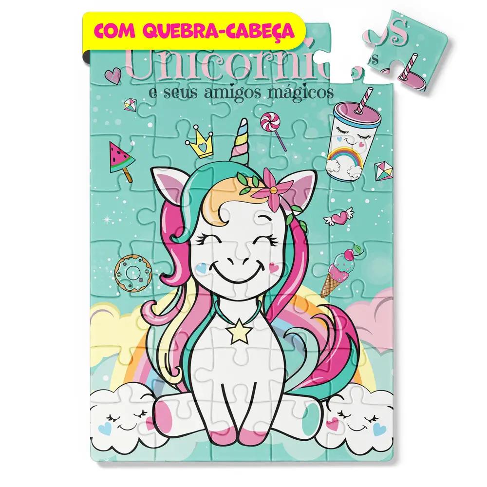 Kit Diversão Livro De Colorir Unicórnios + Quebra-cabeça E Lápis De Cor