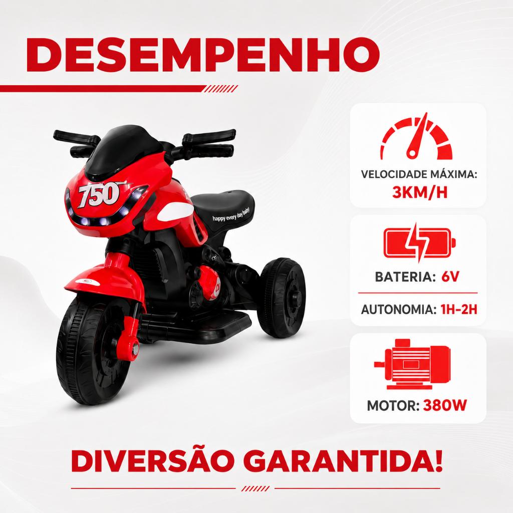 Moto Música Farol Luzes 6V Elétrica Motinha Infantil Unitoys Vermelha