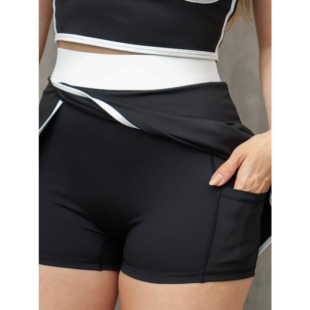 Conjunto Fitness Feminino Top Cropped E Saia Shorts (com Bolso) Academia Esportivo Yoga