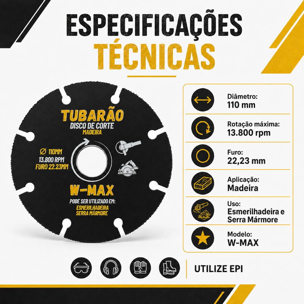Disco Cortar Madeira 110mm Tungstenio Esmerilhadeira E Serra Marmore - Tubarão