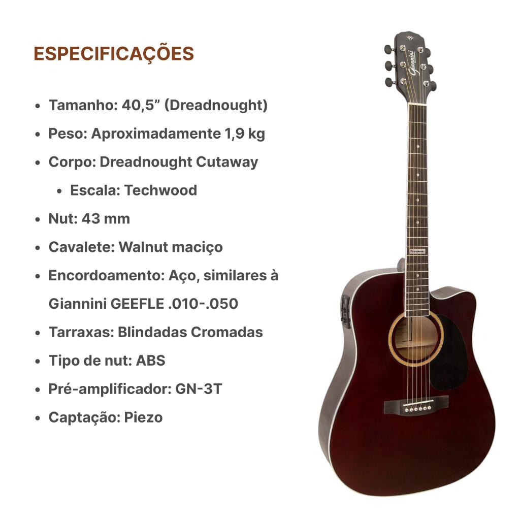 Violão Elétrico Giannini Gf1d Tdw Kit Capa Luxo Acessórios