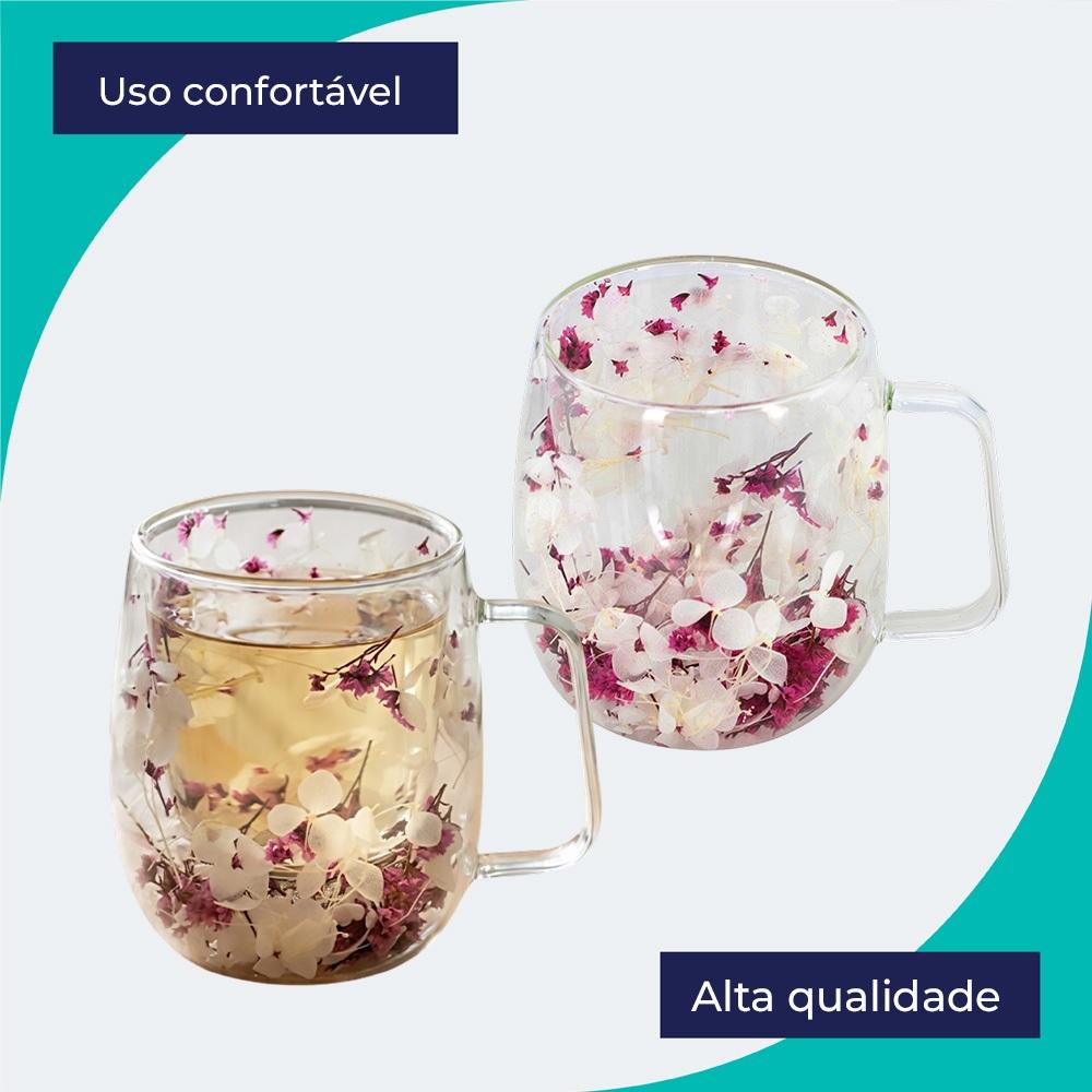 Xícara Parede Dupla De Vidro Flor Roxa Seca 350ml Ruvolo