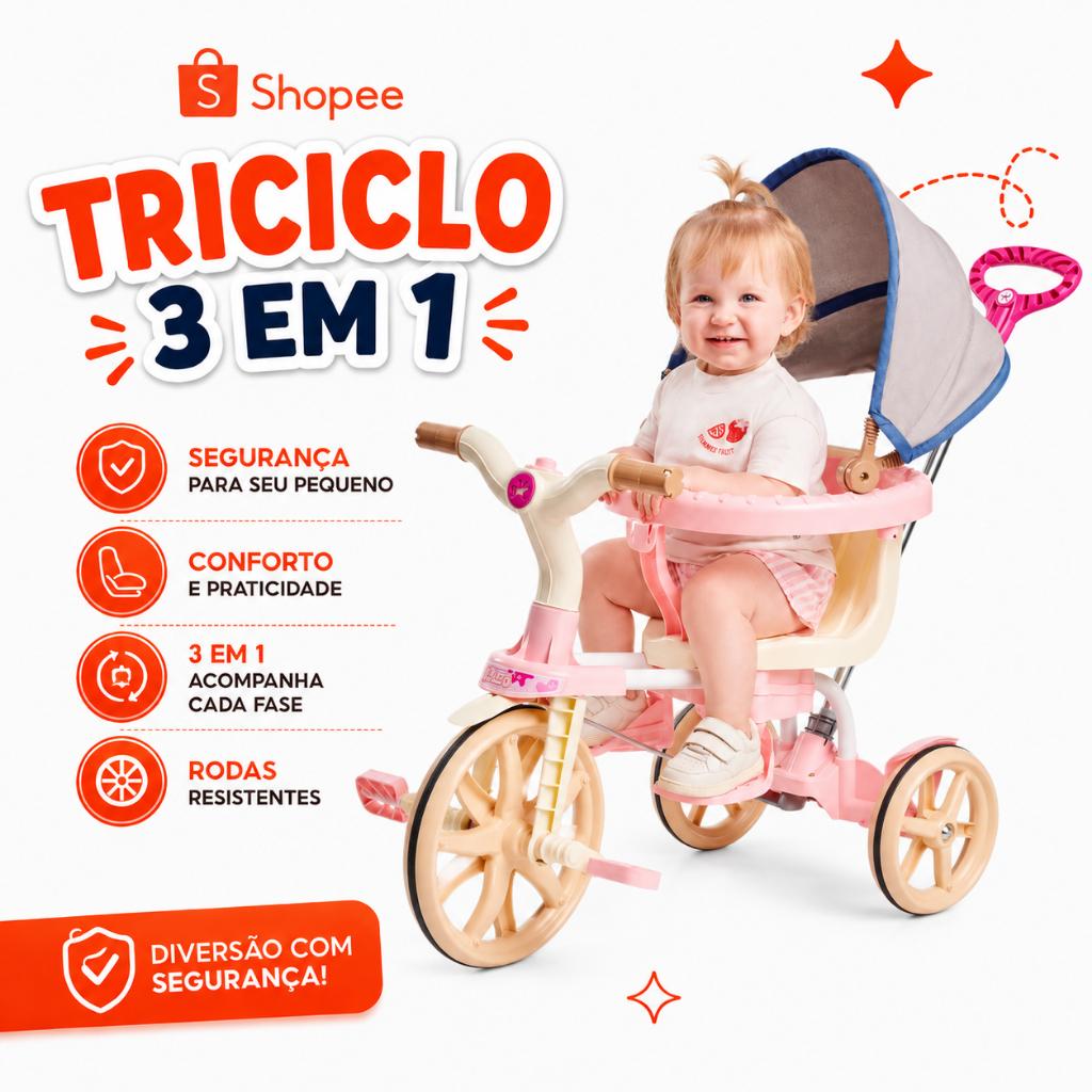 Bicicleta Infantil 3 Em 1 Triciclo Calesita Carrinho De Bebê Ciclito C/Toldo Haste Protetor E Pedal