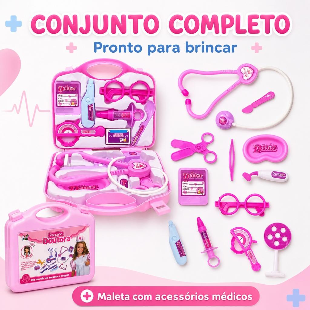 Kit Médico Maleta Doutor Maletinha Brinquedo Infantil Educativo Profissão Rosa Completo Kizumba
