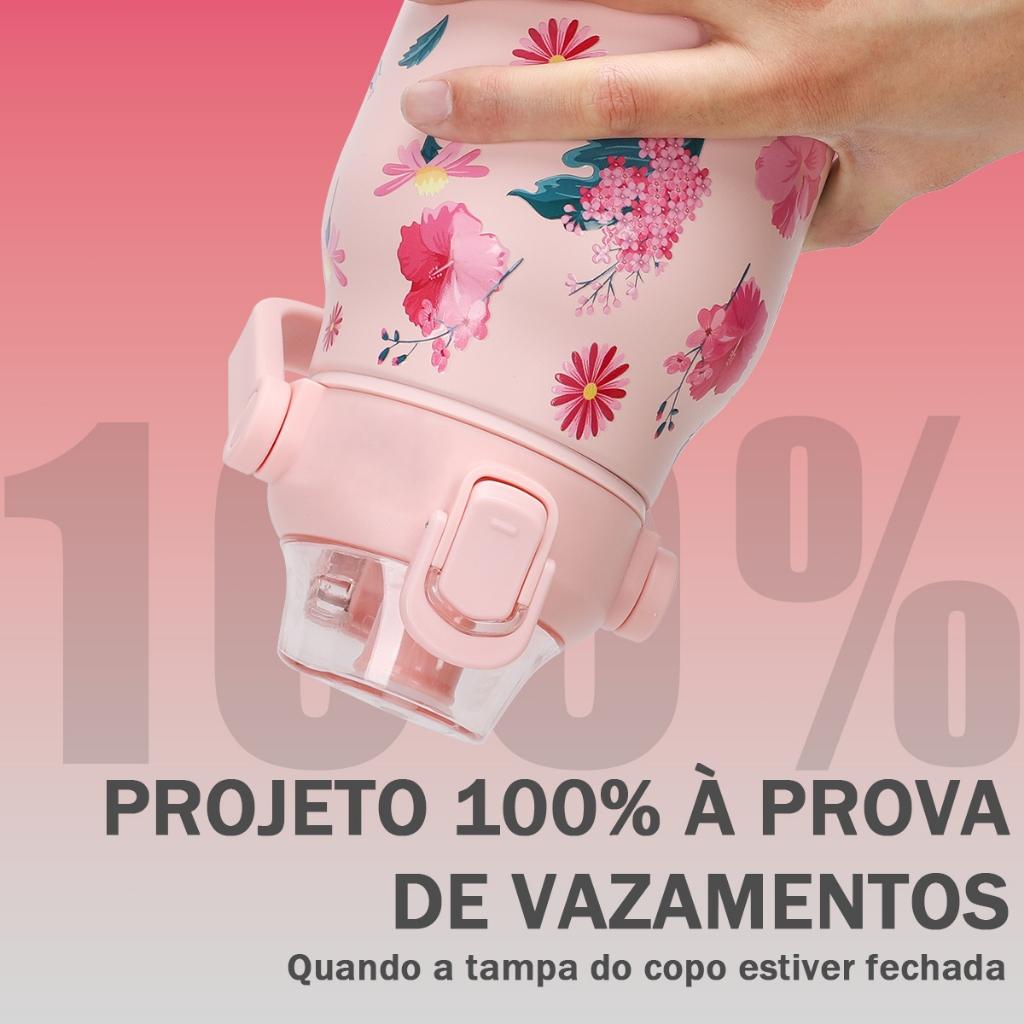 Modus Garrafa Térmica 1700ml Aço Inoxidável 304 Estampa Floral Rosa Com Bico Canudo Tampa Flip Prova De Vazamento