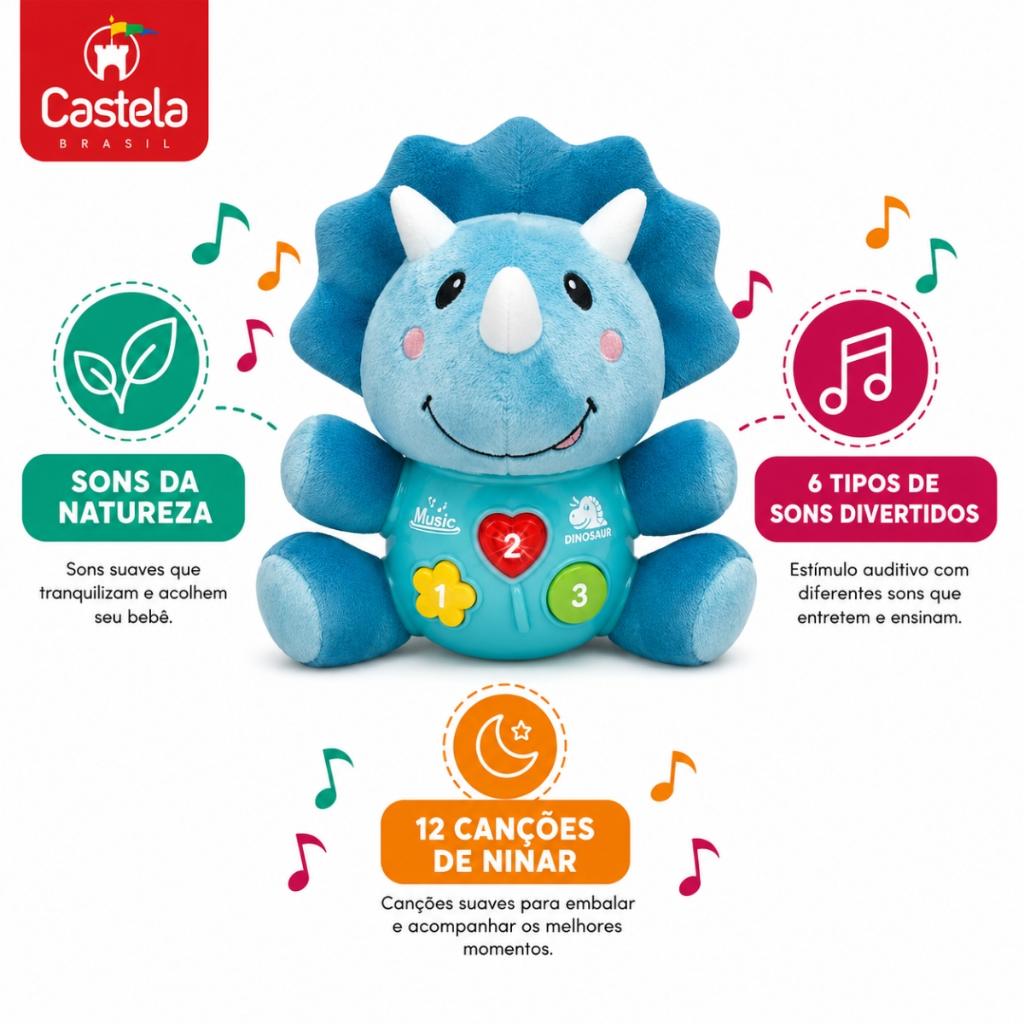 Pelúcia Musical Dino Com Luz E Som Divertido - Castela