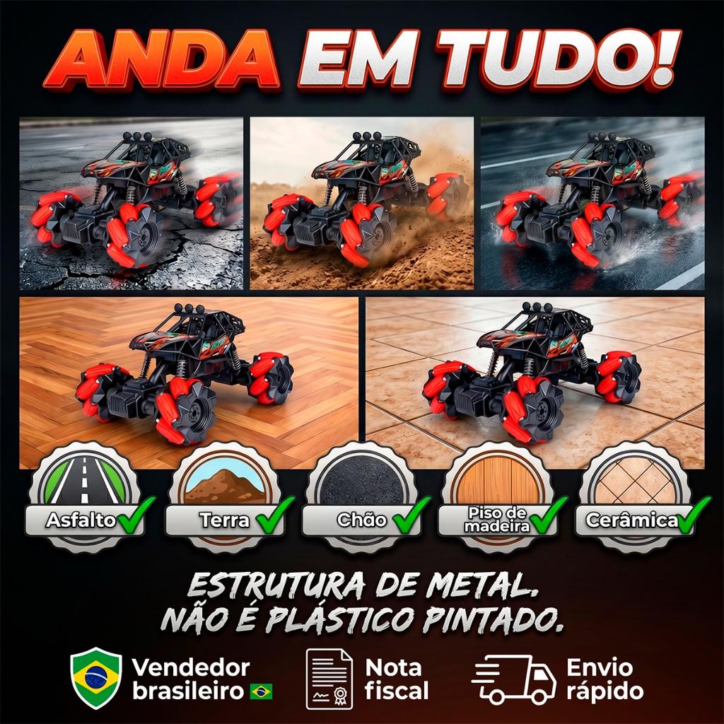 Carrinho Controle Remoto Off Road Rodas Giratórias Bateria Recarregável Infantil Giro 360 Graus