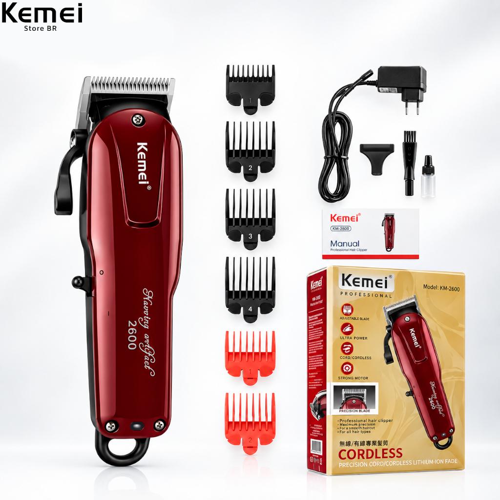 Máquina Kemei De Cortar Cabelo Sem Fio Recarregável Km-2600 Bivolt 110/220v Portátil Sem Fio Km-2600