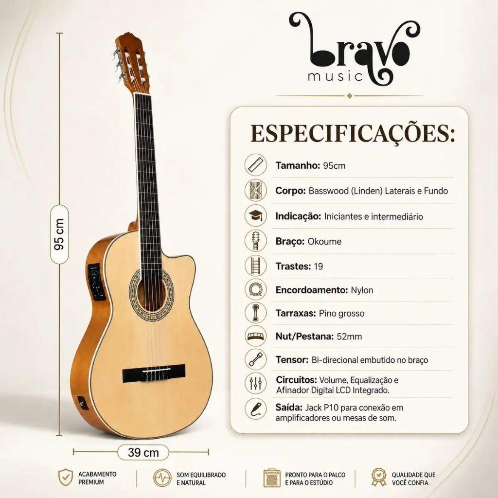 Kit Violão Elétrico Bravo Music Tn300 Nylon Cutaway + Acessórios
