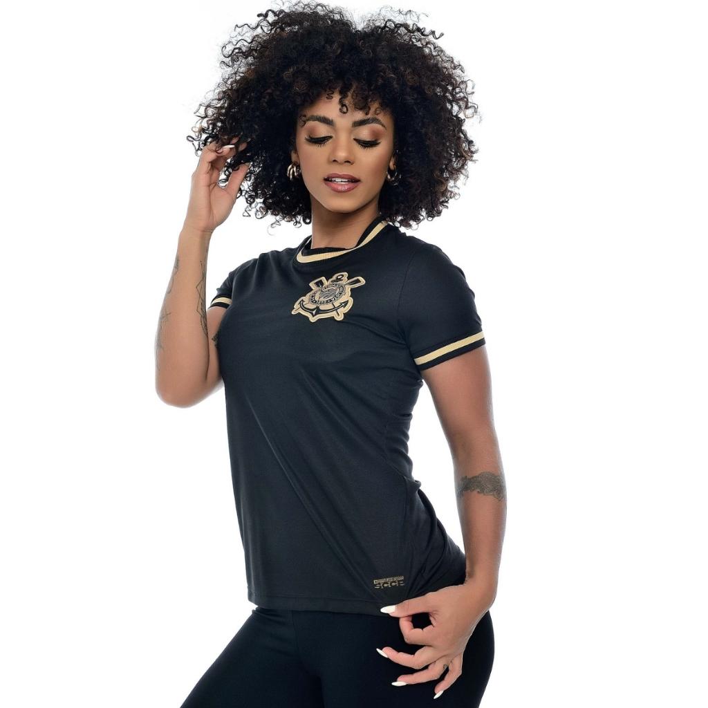 Camisa Corinthians Feminina All Black Gold Preta E Dourado Bordada Oficial Licenciada Baby Look Timão