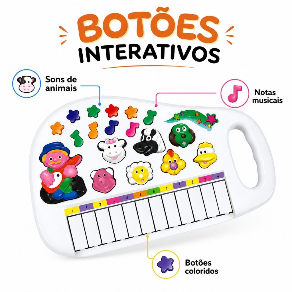 Teclado Fazendinha Piano Pianinho Infantil Criança Musical Com Som De Animais 12 Teclas Kizumba