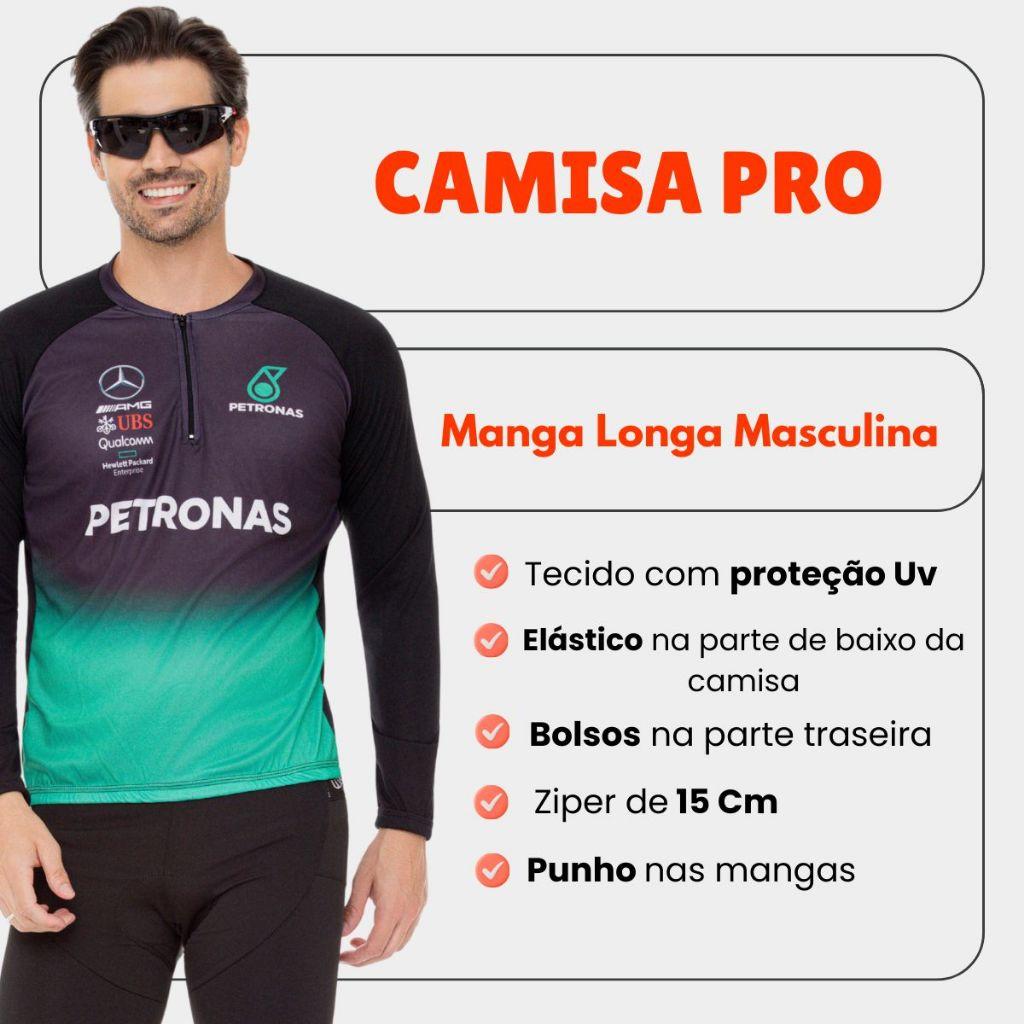 Conjunto Ciclismo Masculina Camisa Petronas Manga Longa Bermuda Forro Gel Uv Mtb Speed