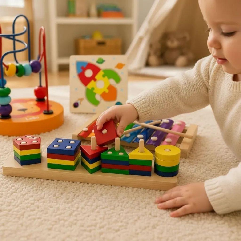 Kit 4 Brinquedos Educativo Encaixe Madeira Formas Geométricas Infantil Coordenação Motora Pedagógico