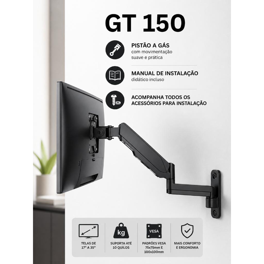 Suporte Articulado De Parede Monitor TV Pistão A Gás 17 A 35 Altura Ajustável Giro 360