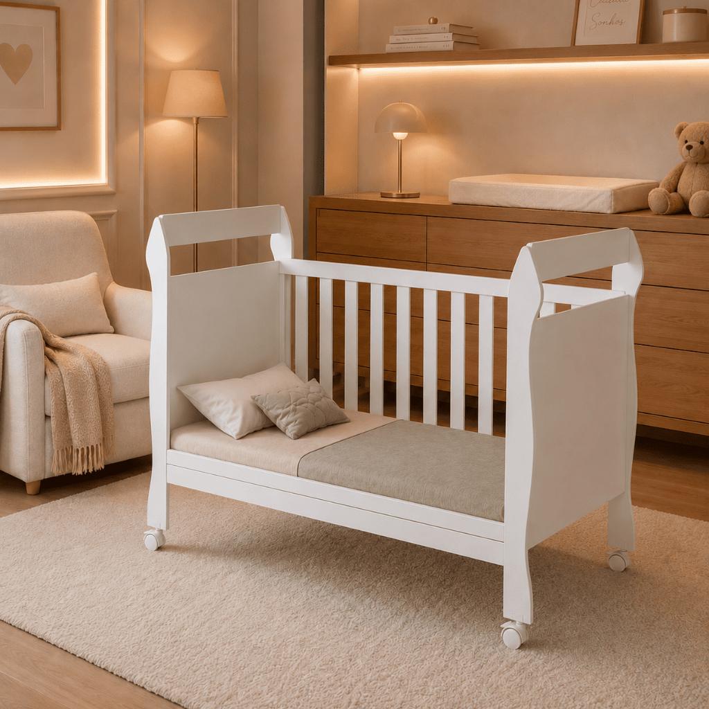 Berço Americano Soninho 2 Em 1 Vira Mini Cama Rodízios Moderno Branco Compacto Quartos Infantil Mdf Incluso Colchão - Av