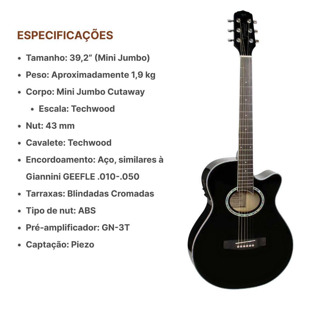 Violão Elétrico Giannini Gsf1d Bk Preto + Kit Capa Completo