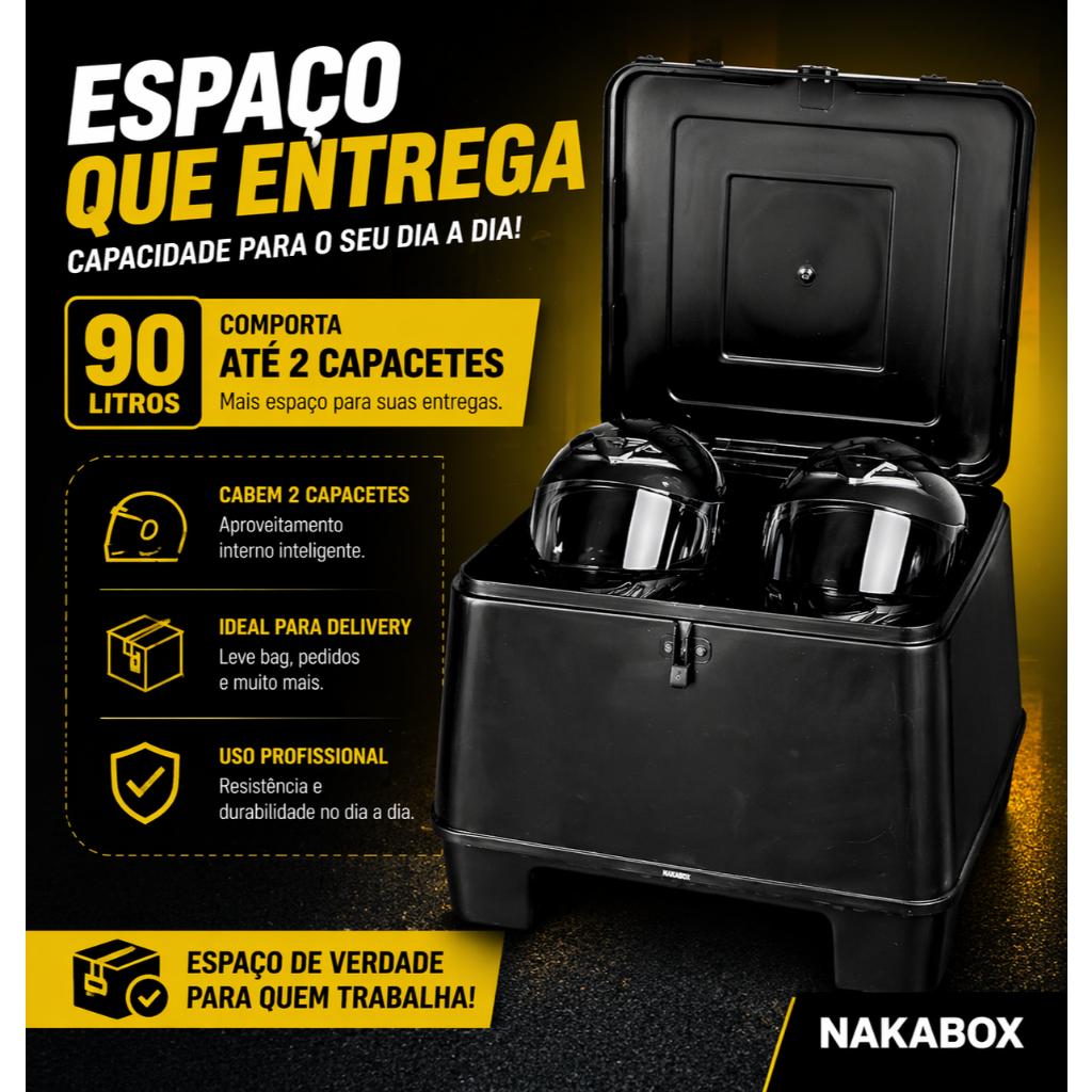 Bau Moto 90L Nakabox MN3 Preto Baú Grande Motoboy Delivery Reforçado Carga