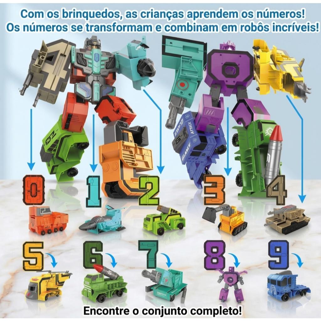 Robô Transformável Números 1 Ao 9 Com Veículos Montar E Desmontar Criatividade Brinquedo