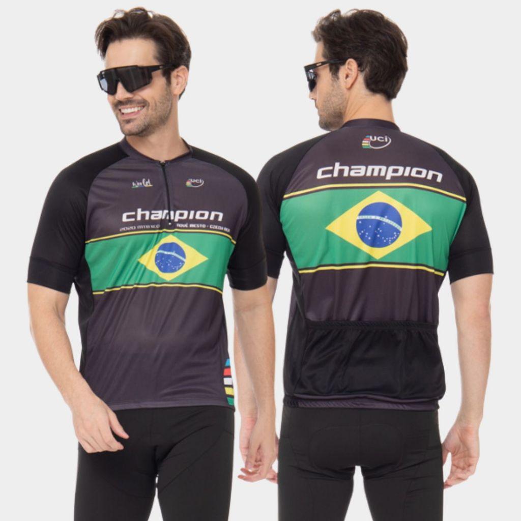 Camisa De Ciclismo Masculina Champion Brasil Preta Camiseta Manga Curta Roupa Bike Pedal Mtb