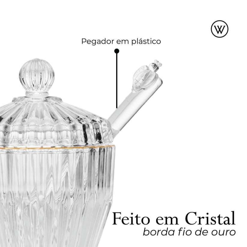 Meleira Com Pegador E Tampa Império 8cm Cristal Ecológico Wolff Com Fio De Ouro Para Mel Geleia Mesa Posta Elegante Casa