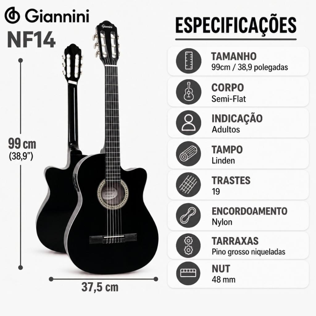 Kit Violao Giannini Elétrico Start Nf14 Nylon + Capa Correia Cabo Capotraste
