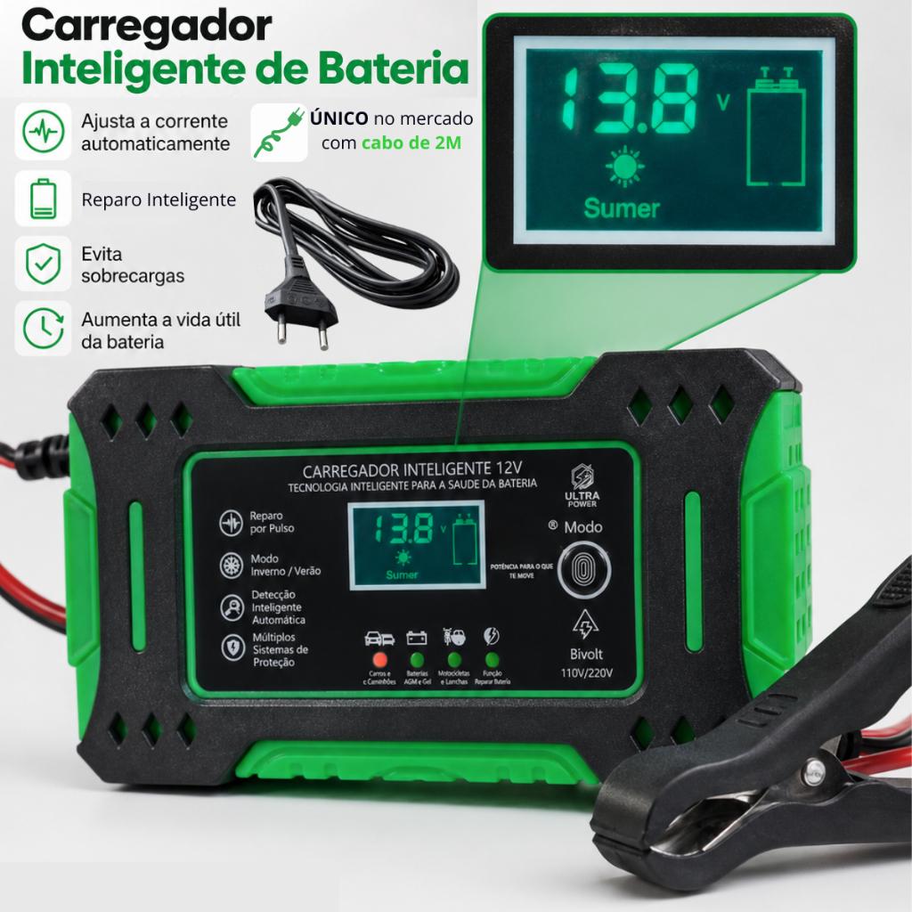 Carregador Bateria Automotivo Turbo Inteligente Recupera Moto Caminhao Carro Jetski 12v Cabo 2M