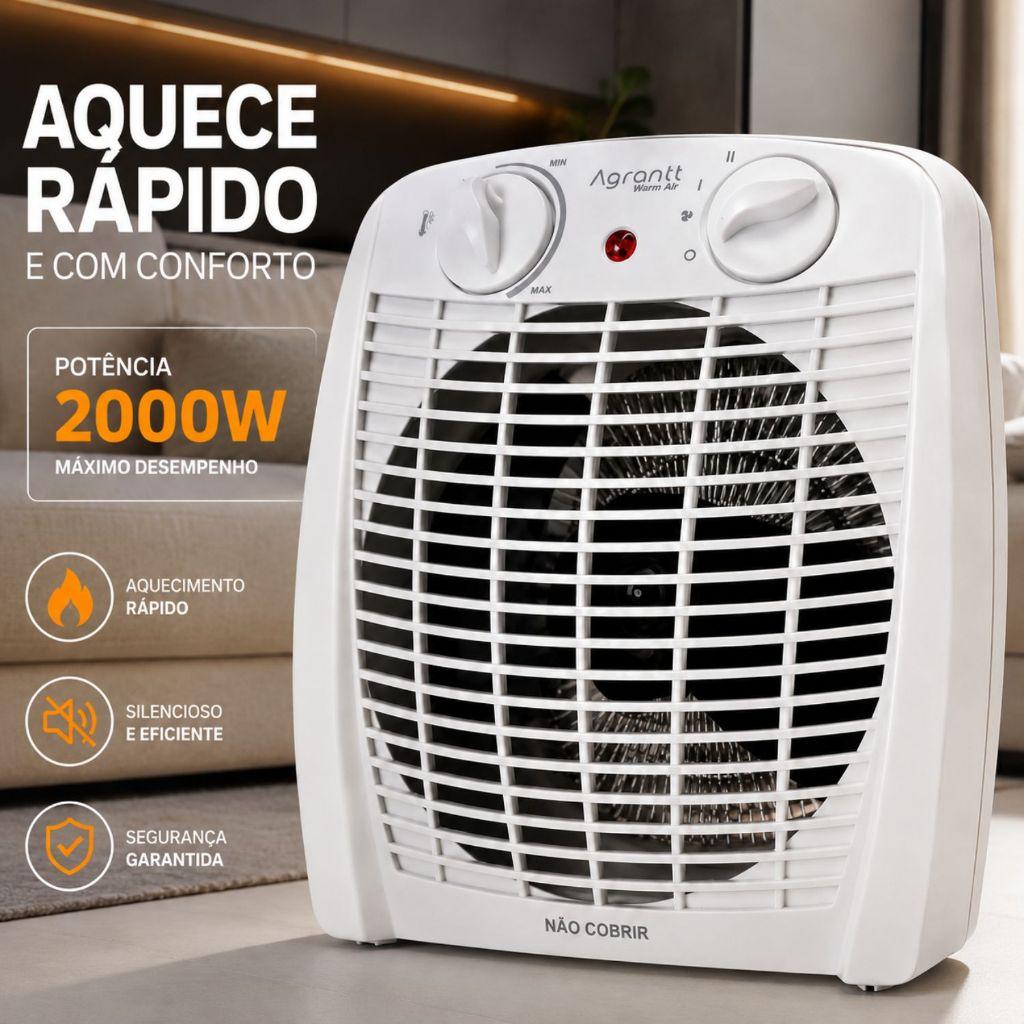 Aquecedor De Ar Elétrico Agrantt 2000w Termostato Para Banheiro Quarto Sala Escritório Portátil