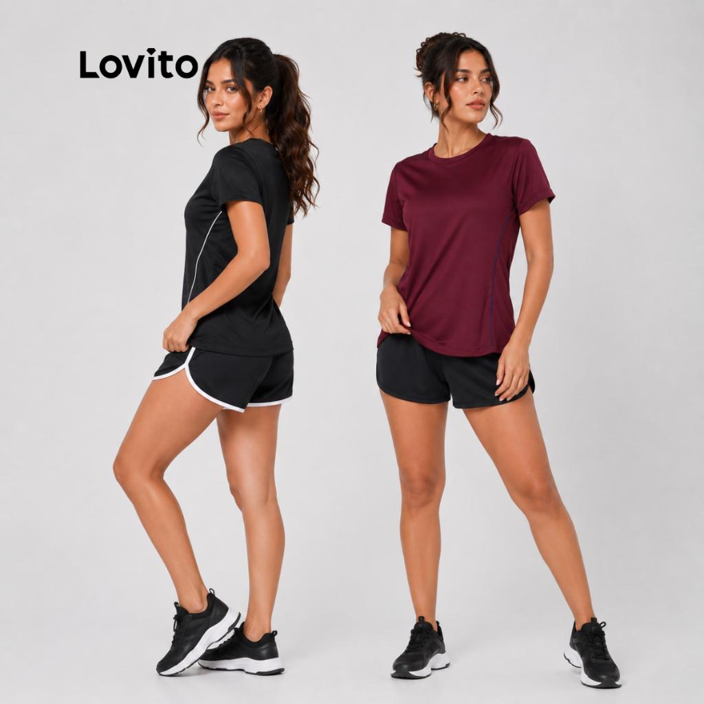 Lovito Kit 2 Camisetas Feminina Esportiva Básica Detalhe Contrastante Brotb14841514