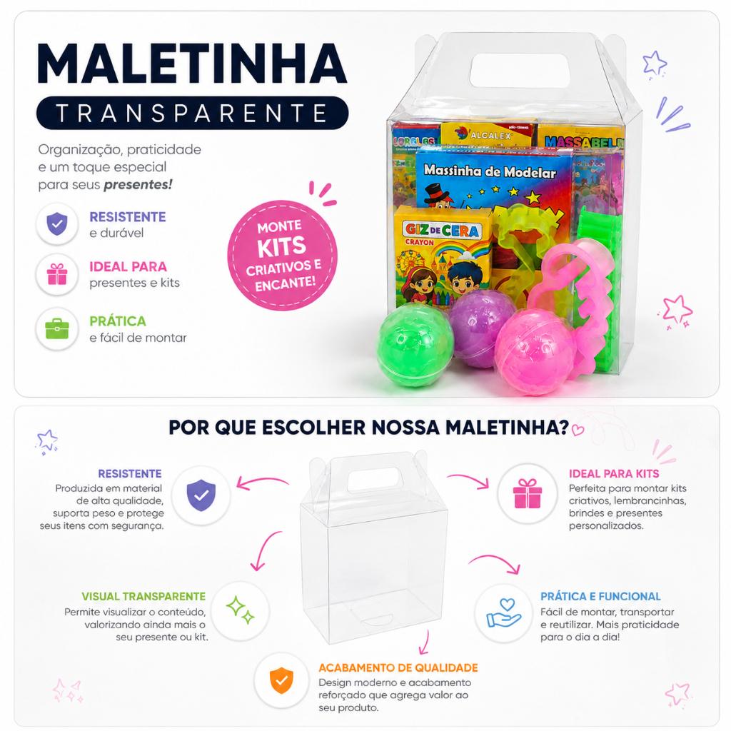 Kit 10 Maleta 10 Cx Massinha + 10 Slime+ 10 Giz Cera + 10 Cortadores Lembracinha Festa Aniversario