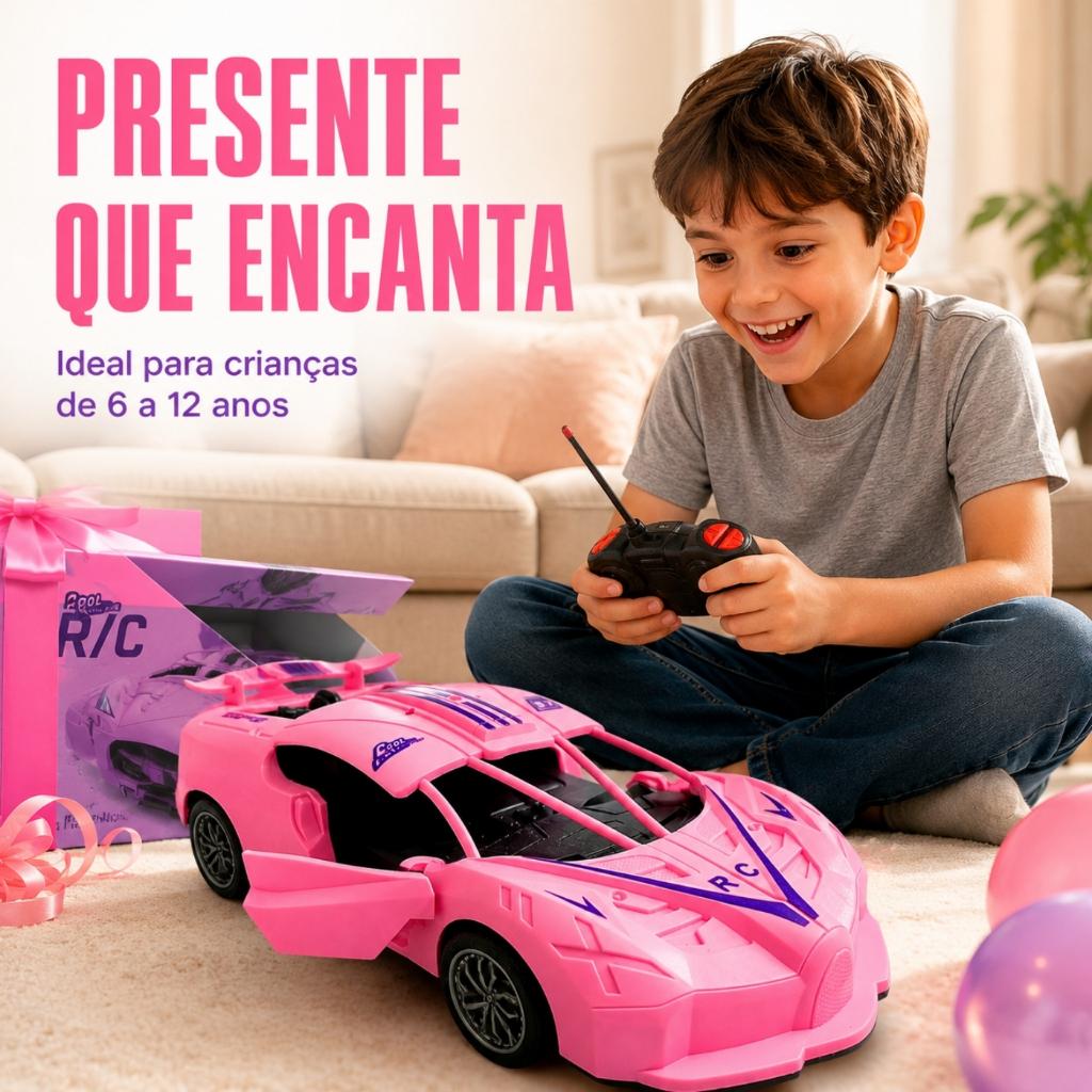 Carrinho Controle Remoto Recarregável Feminino Rápido Abre A Porta Rosa