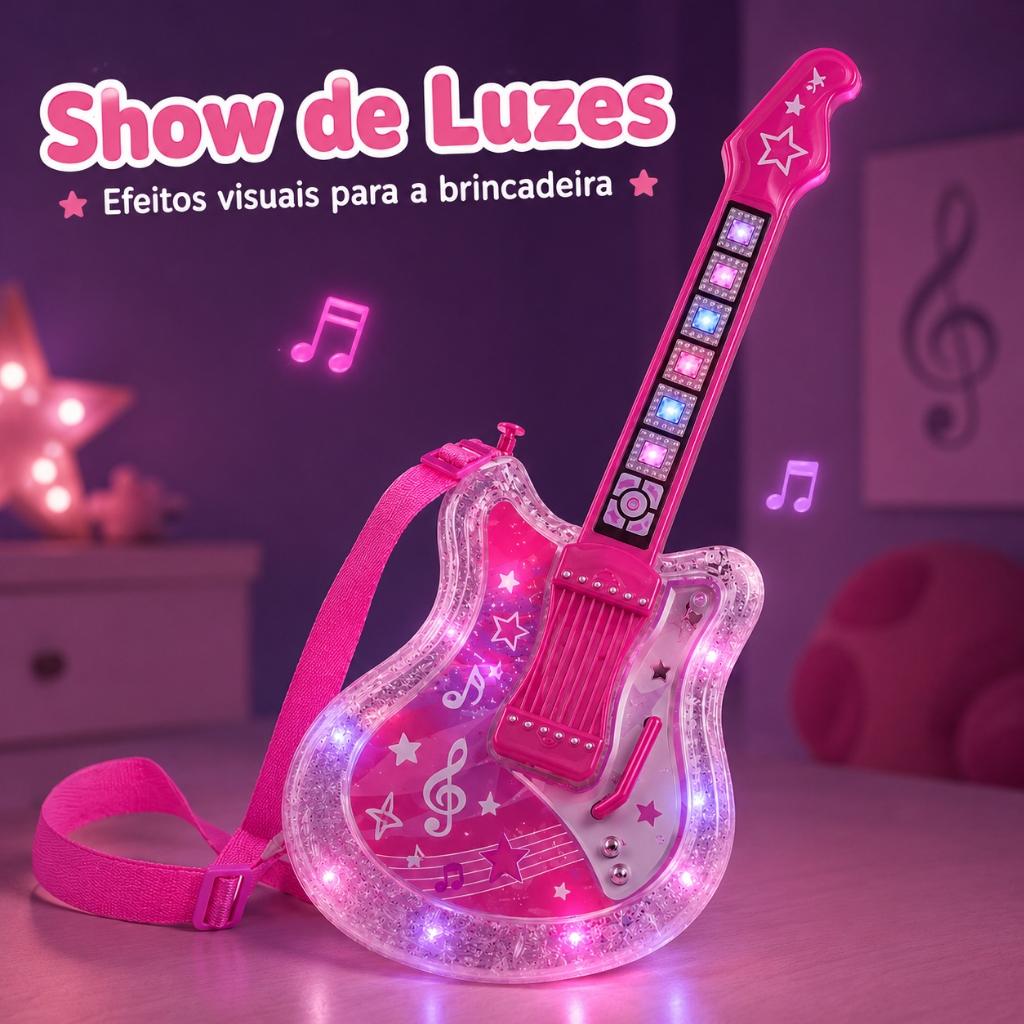 Guitarra Com Microfone Girls Rock Instrumento Brinquedo Musical Infantil Menina Violão Rosa Kizumba