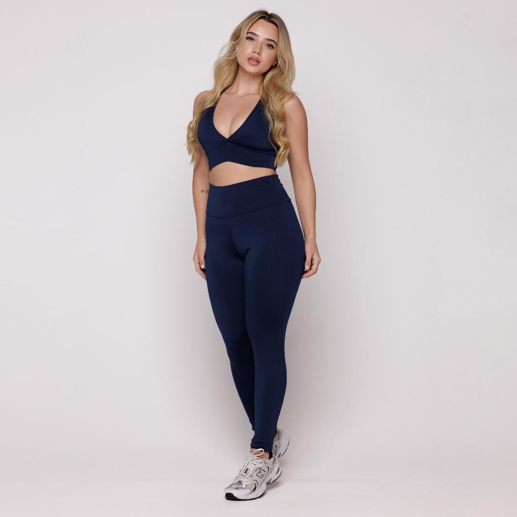Conjunto Academia Fitness Feminino Marinho Top Com Bojo + Calça Forrada Treino Aqn Sport