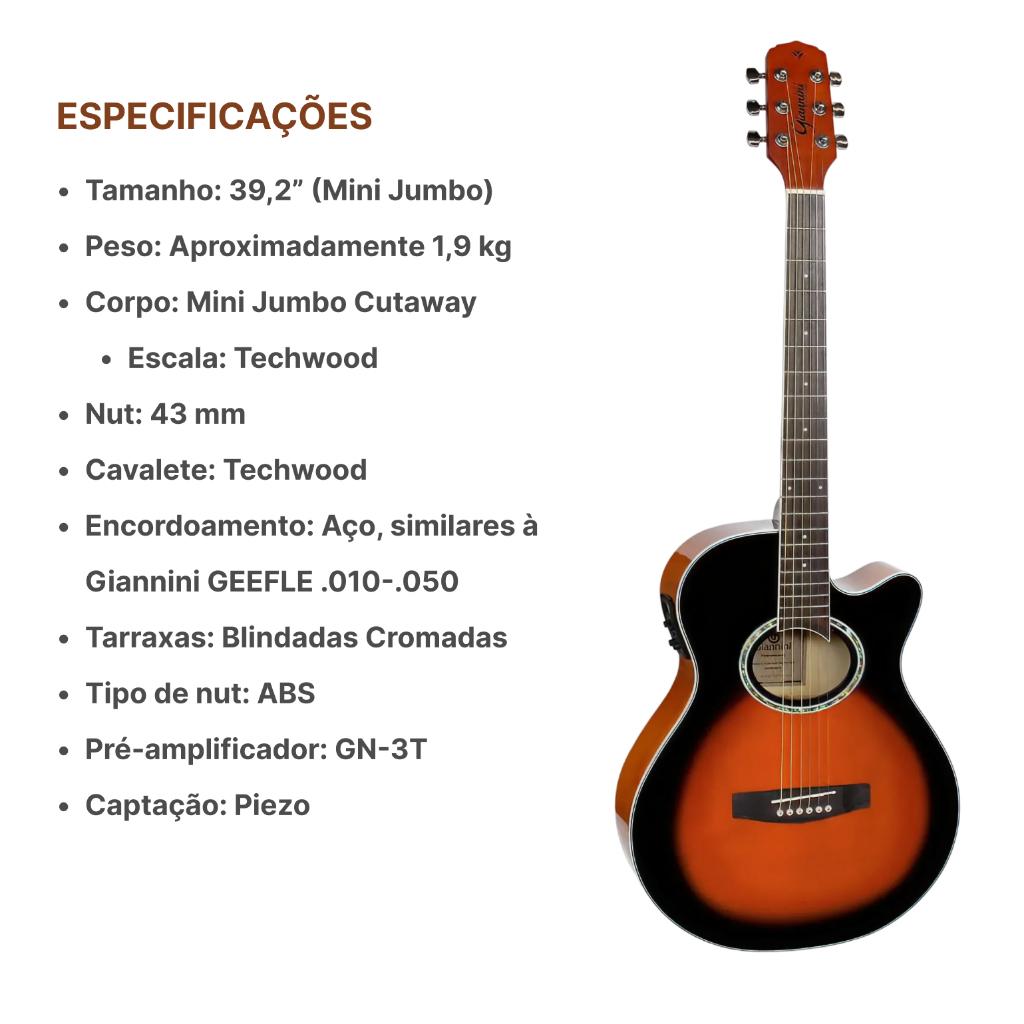 Violão Giannini Elétrico Gsf1d 3ts Gdc1 Kit Bag E Acessórios