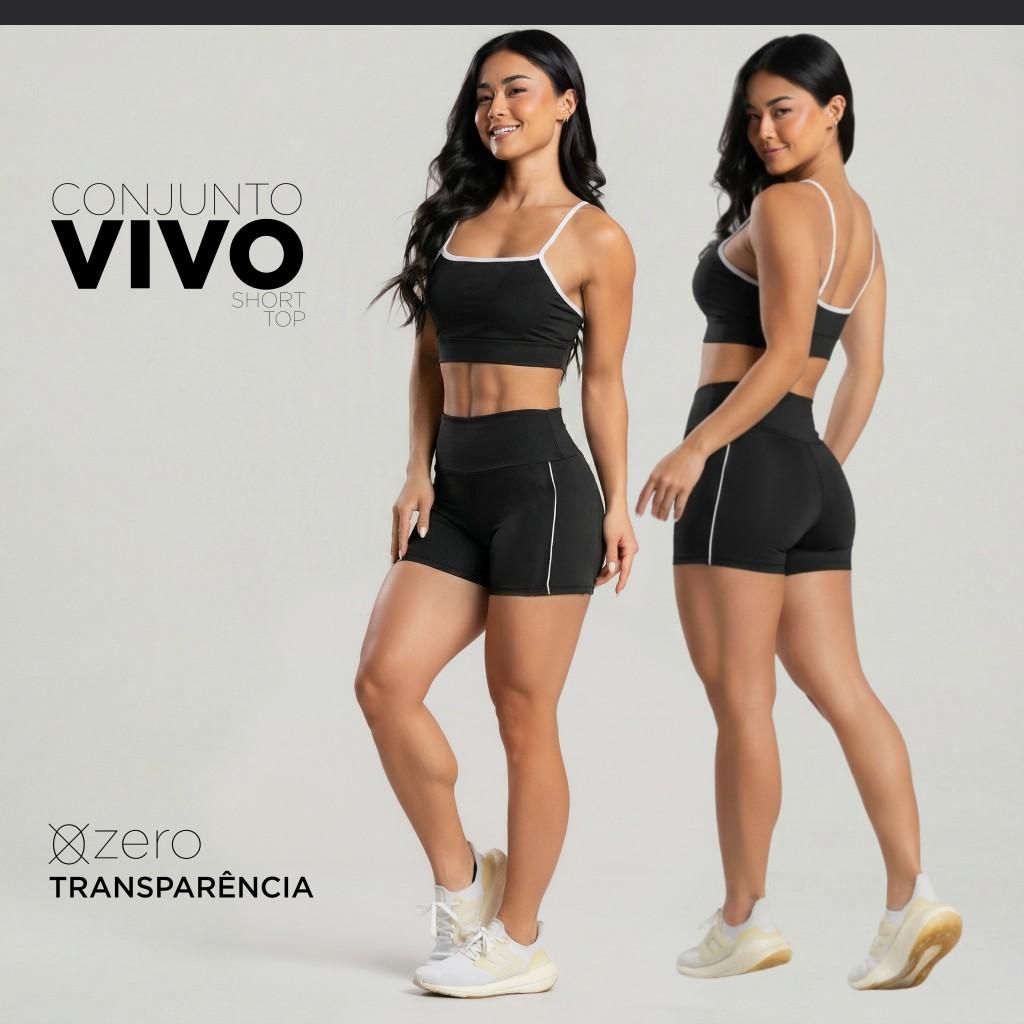 Conjunto Academia Feminino Vivo Short Cós Alto E Top Alcinha Confortável Zero Transparência