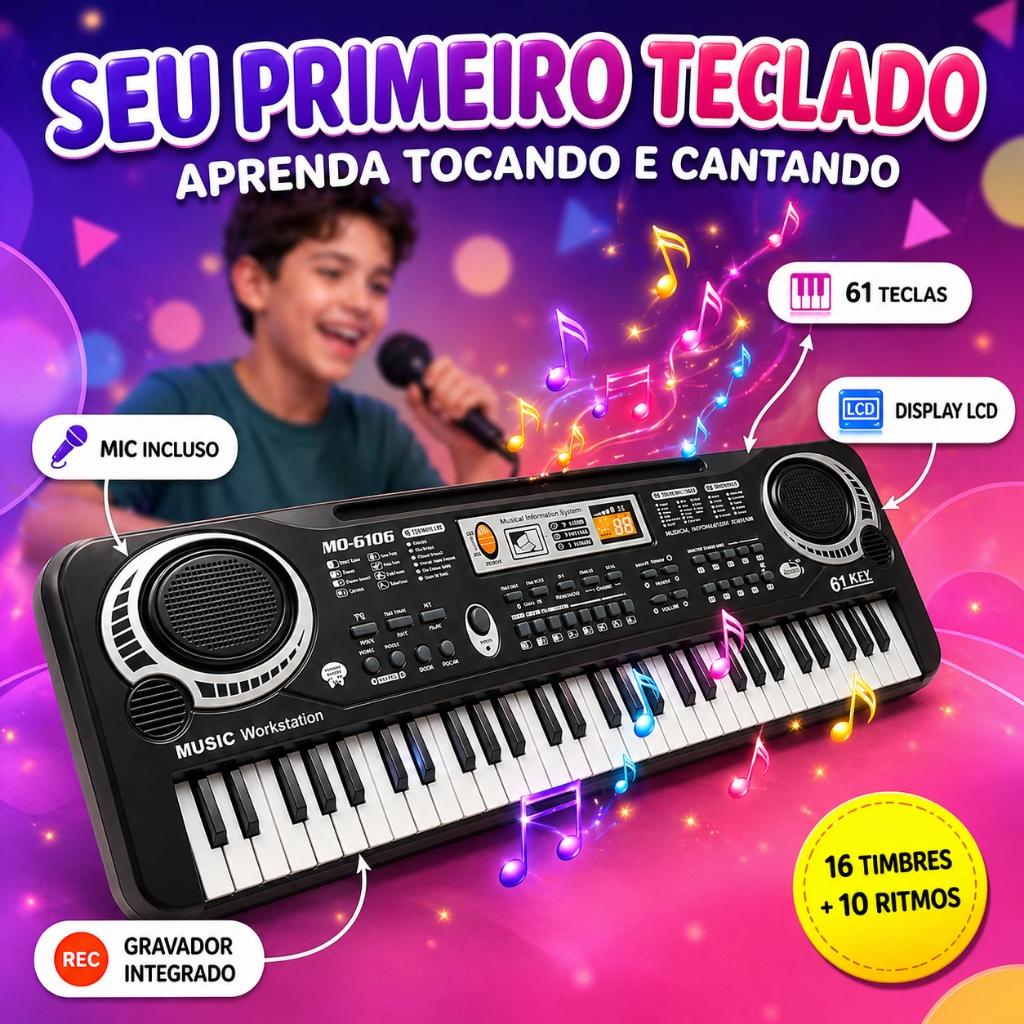 Teclado Piano Musical 61 Teclas Infantil C/Microfone 1 Falante Gravador Educativo Iniciante Kizumba