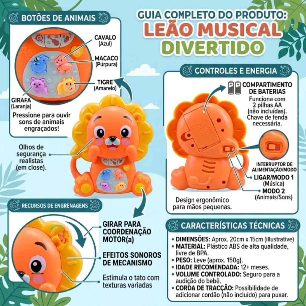 Piano Musical Leão Luz E Som Brinquedo Educativo - Castela