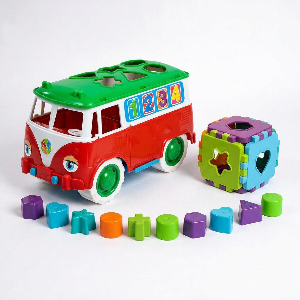 Kit Kombi Educativa + Cubo Educativo Acompanha12 Peças De Encaixar Carrinho Meninos +12 Meses Inmetro Queen Shop