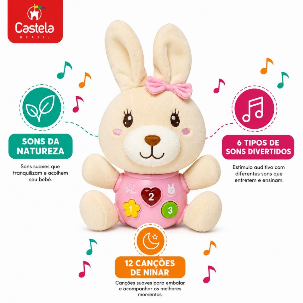 Pelúcia Musical Ursinho Luz E Som Boneco Divertido - Castela