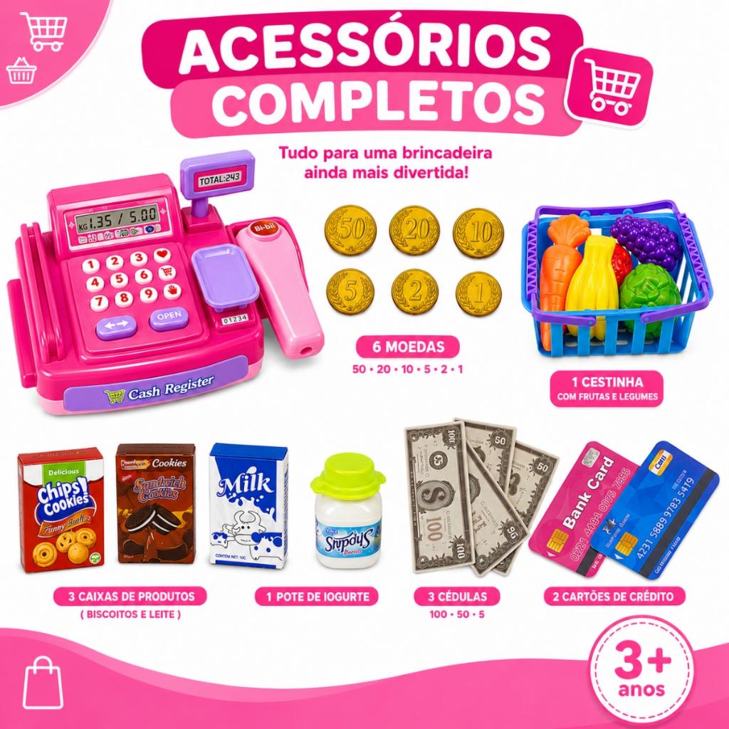 Brinquedo Caixa Registradora Infantil Som Luz Acessórios Mercadinho Castela